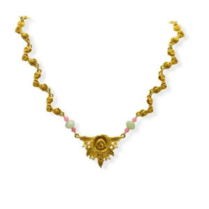 Matte Gold Tone High End Costume Rose Necklace with Pink and Green Beads